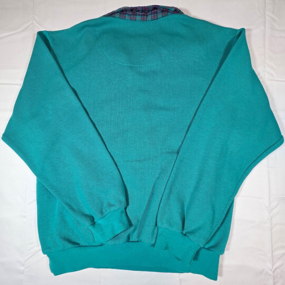 Vintage 90s Koret Sport Teal Ribbed Quarter Zip Sweatshirt Plaid Patches Small - Picture 5 of 8